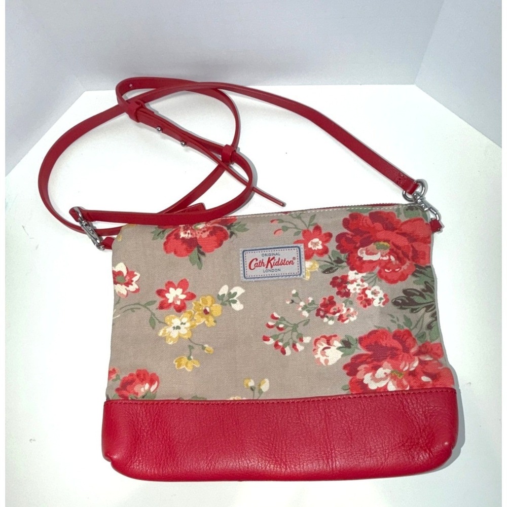 Cath Kidston London Floral Crossbody Bag Beige Red Leather Trim Detachable Strap